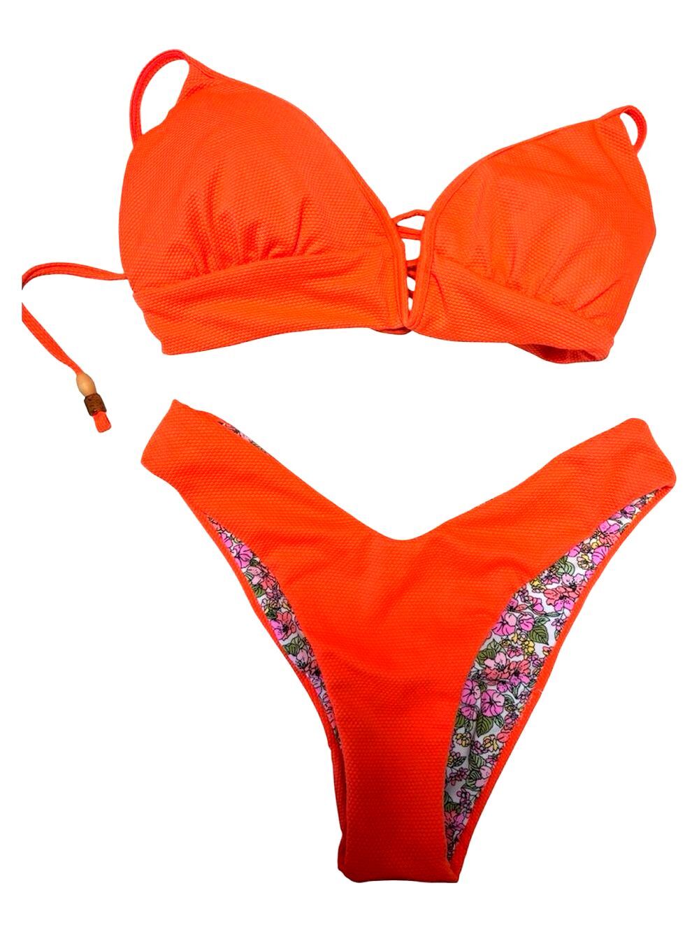 Maaji Reversible Vibrant Orange Floral Textured Bikini Set